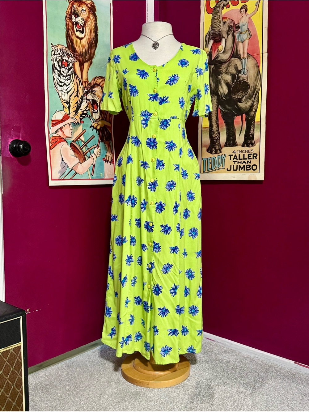 Vintage 90s Jennifer Moore Highlitrt Green and Blue Floral Maxi Dress Sz S